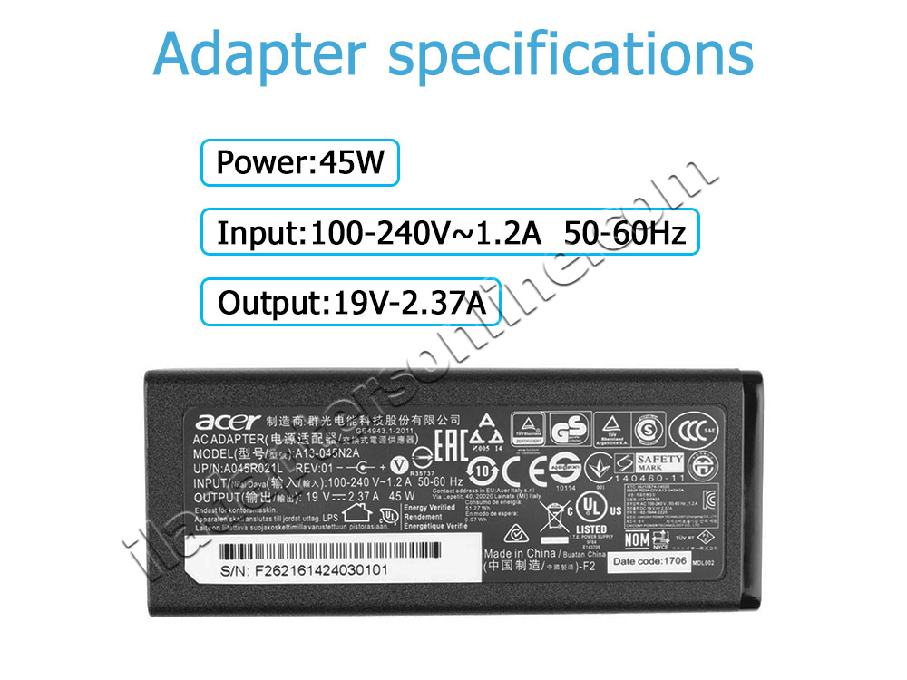 45W Acer Aspire 5 A517-53-51NE מתאם מטען + כבל חשמל