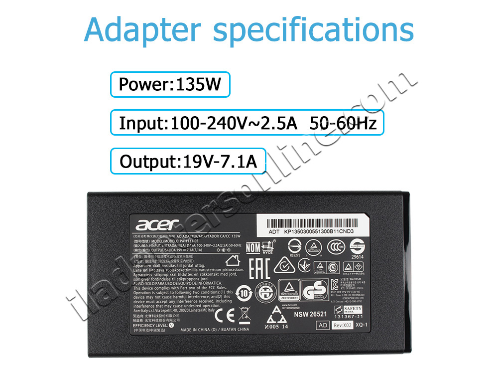 135W Acer Aspire 7 A715-51G-50FF מתאם מטען + כבל חשמל