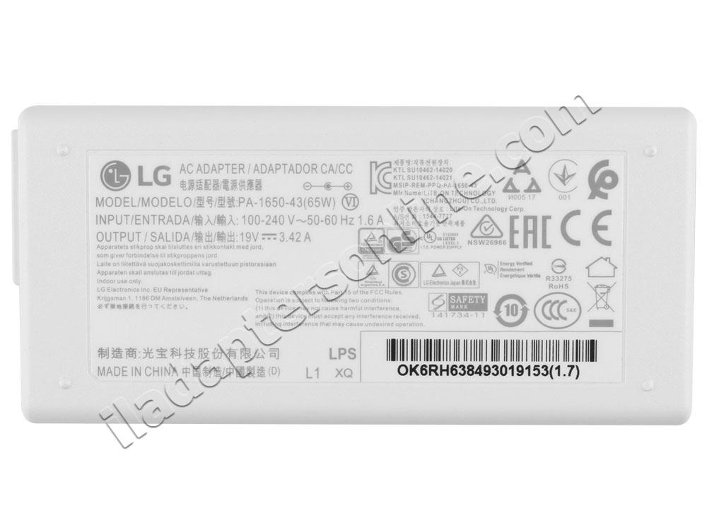 מקורי 65W LG Gram 13Z990-A.AAS5U1 AC מתאם מטען + כבל חשמל