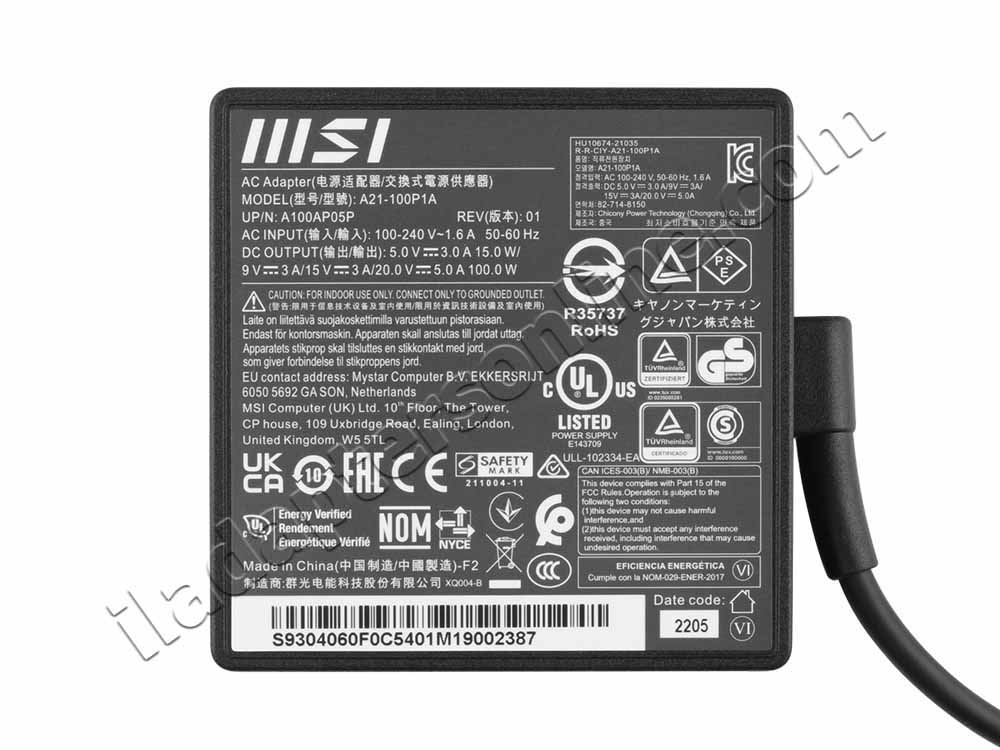 מקורי 100W USB-C MSI Prestige 14 Evo B13M-287AU AC מתאם מטען + כבל חשמל